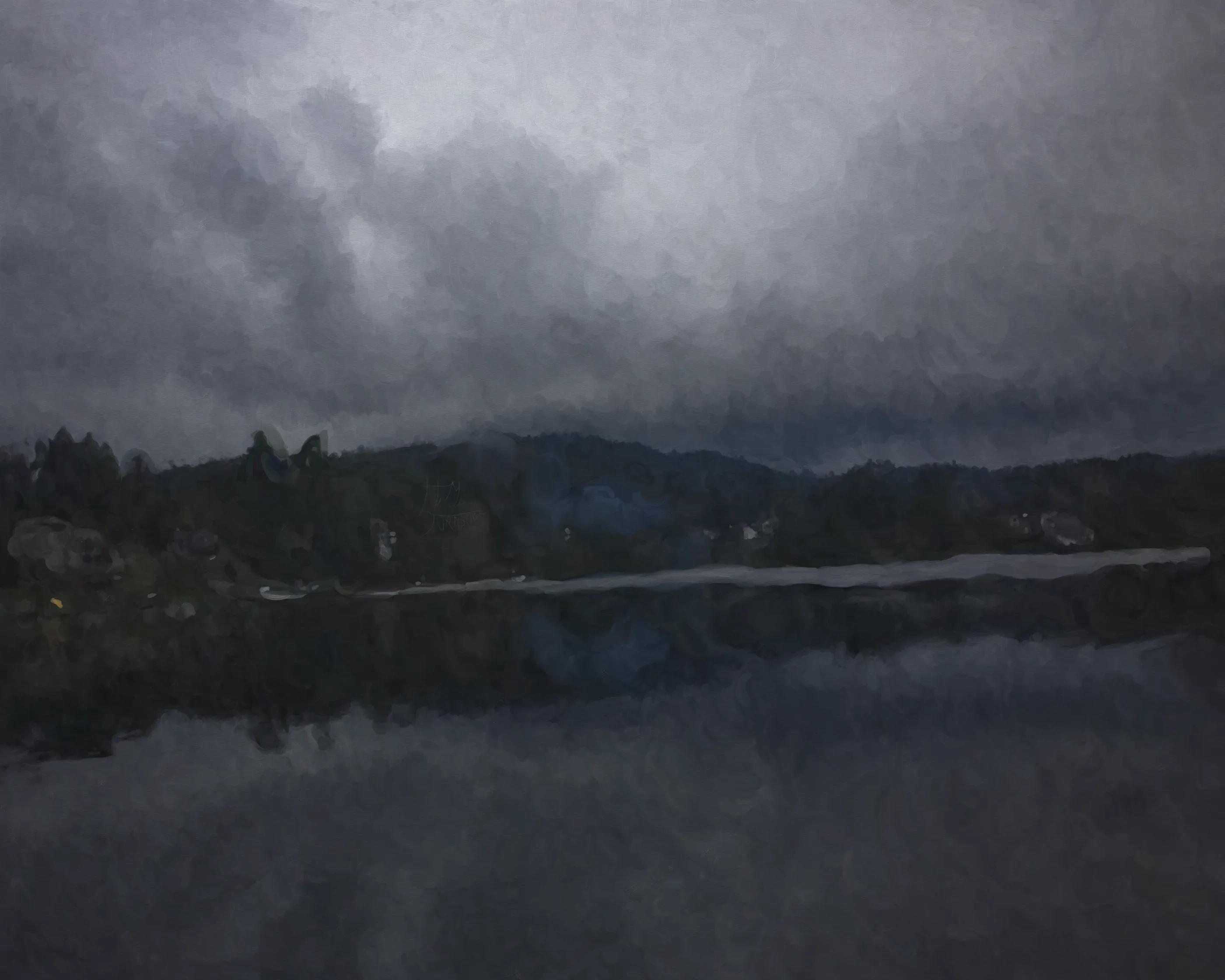 An oil painting of Glen Lake on a dark, cloudy day