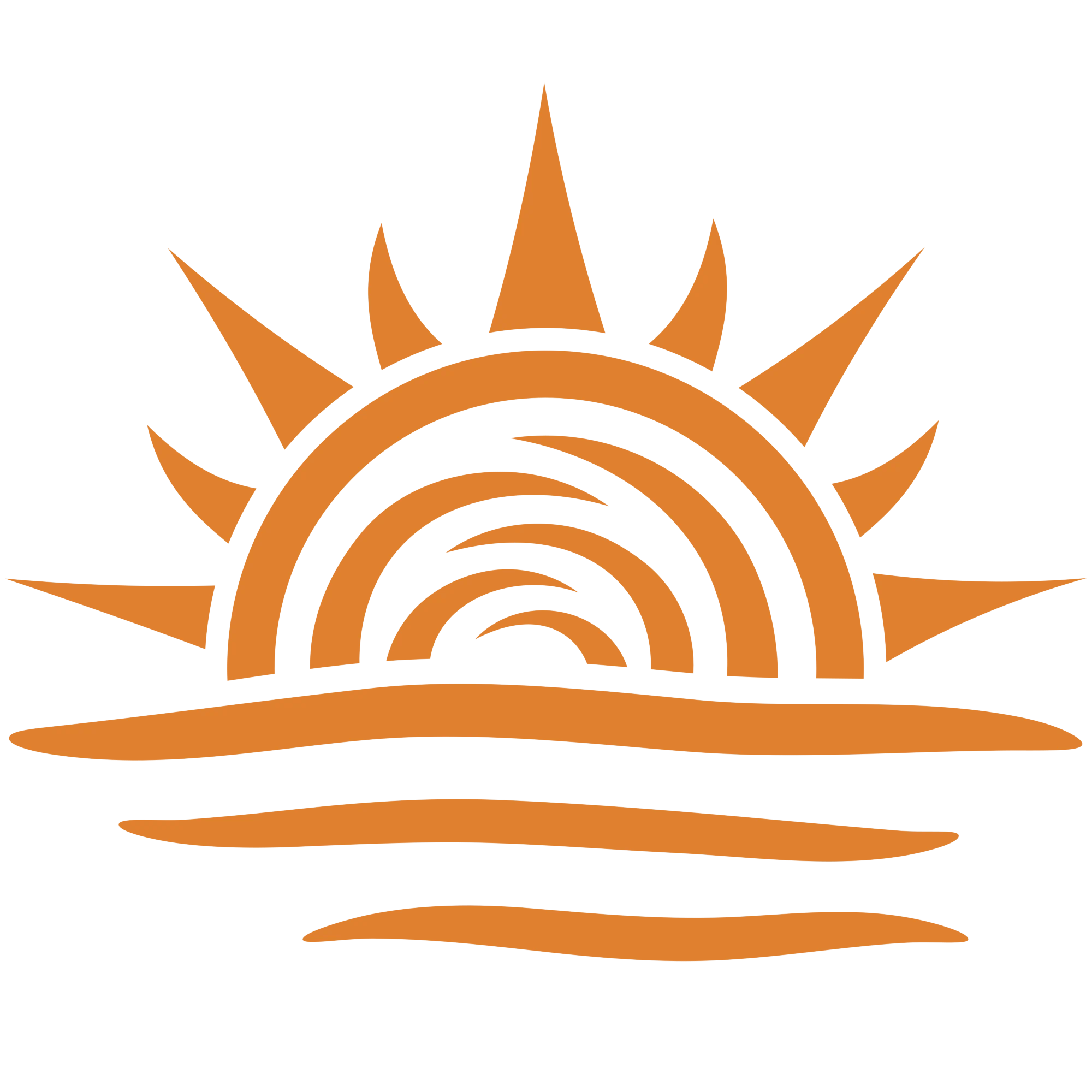 Fiery red sun icon rising over the ocean